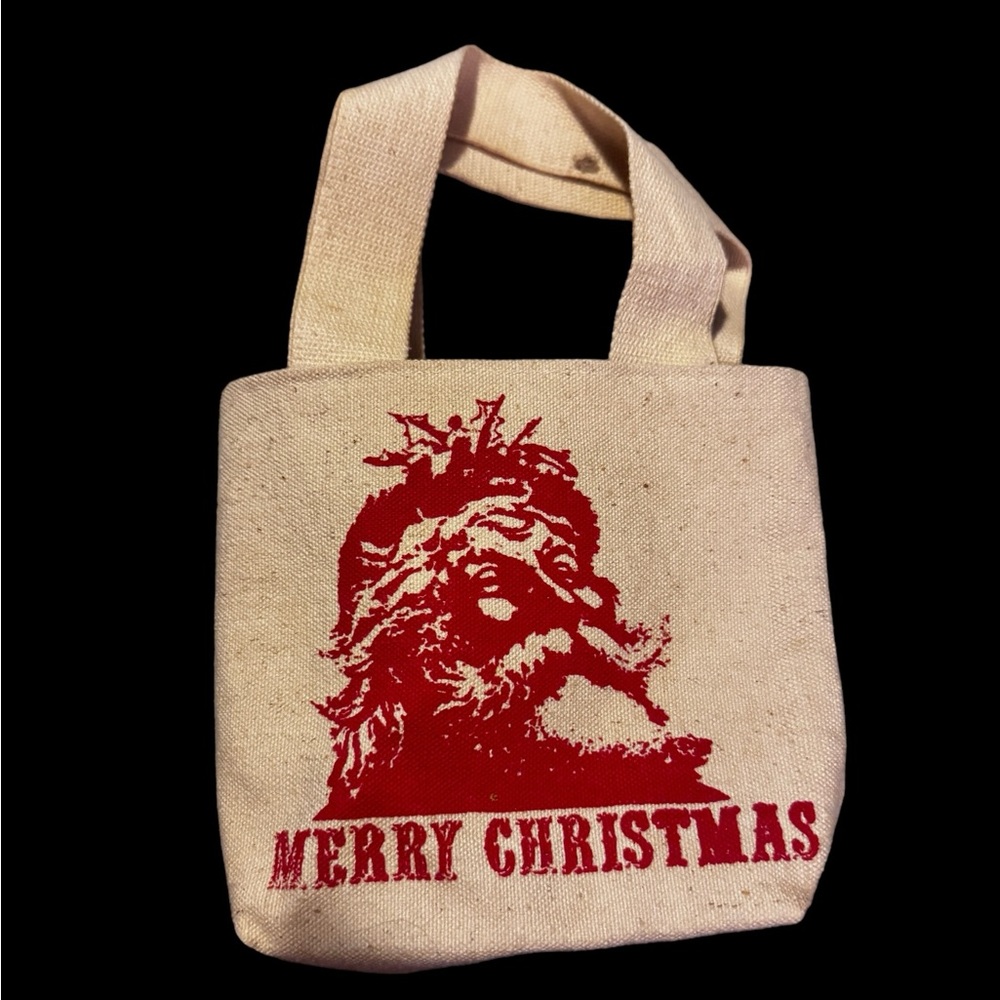 Vintage Christmas Canvas Tote Bag Painted Santa Claus Wood Handle 4.5” X 5.5”